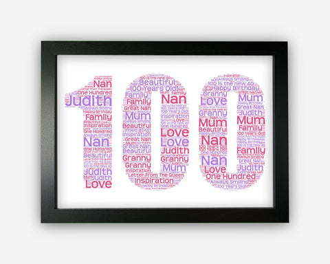 Personalised Female 100th Birthday One Hundred Birthday Gift Word Art For Nan Great Grandma Wall Room Decor Prints GC0012