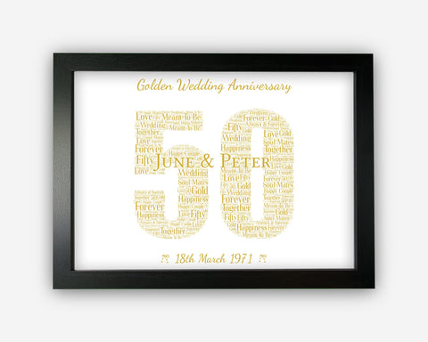 Personalised Anniversary Gifts Word Art Wall Print - Golden 50 Years Gifts Wall Decor Custom Word Cloud Wall Art A3 A4 A5 8x10 Print SC0166