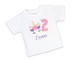 Personalised Unicorn 2nd Birthday T Shirt Top For Girls - Custom Design With Name Age - First Birthday Two 2 White T-shirt Gift Idea TEE002