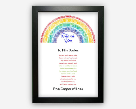 Personalised Teacher Appreciation Poem Gift - End of School Term Nursery Preschool Teachers Gift From Boy Girl TW003