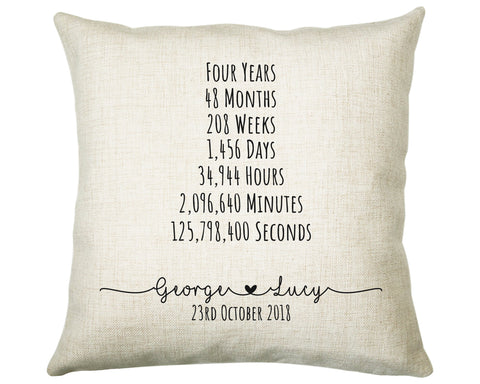 Personalised 4th Anniversary Cotton Gift Cushion Four Years Custom Design Gift Valentines Present - Wedding Cushion Pillow Gift CS469