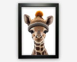 Giraffe Wall Art Print For Boys Girls Nursery Wall - Baby Giraffe In a Beanie Hay Cute Home Decor Animal Theme ST100