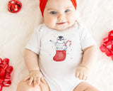 Matching Christmas Day T Shirt and Babygrow Vest - Penguin Stocking Design For Family - Matching Design for Mum Dad Baby and Kids NB040